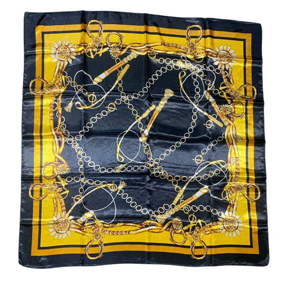 Equestrian Horse Riding Designed Motif Scarf Black and Gold 35 x 35 NEW - Picture 3 of 9